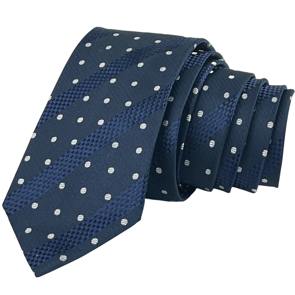 Hugo Boss Necktie Mens Navy Blue Polka Dot Striped 100% Silk Made in Italy